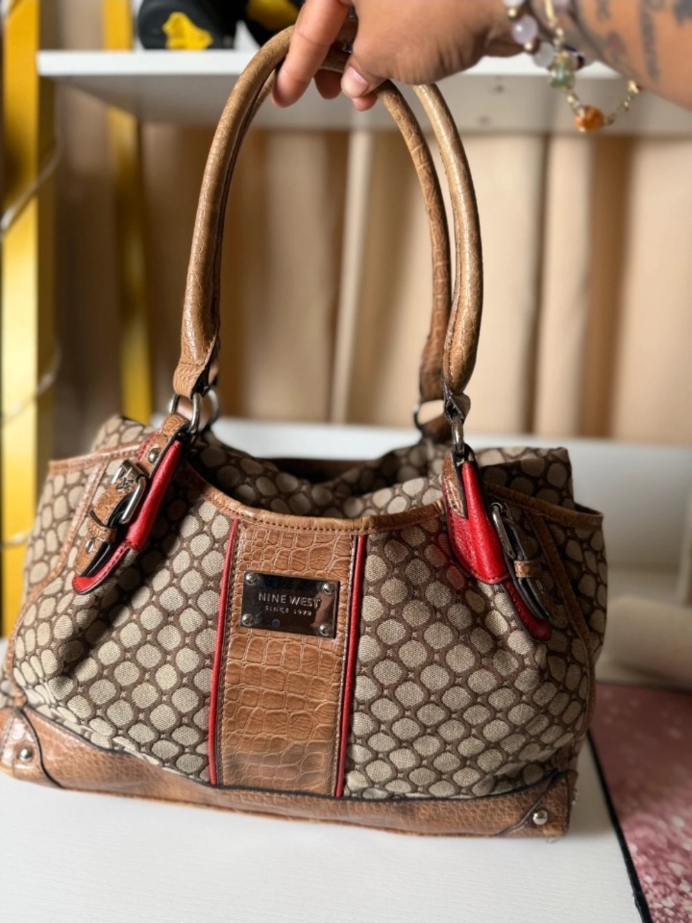 Nine West Brown & Red Signature Satchel